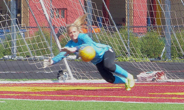 Wisconsin-Parkside goalkeeper Adrianna Bratel tried to block Madison Carey's pass that resulted in UMD's third goal. Photo credit: John Gilbert