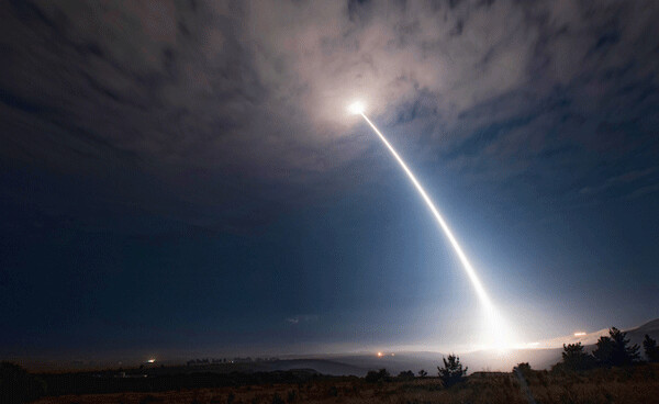 A test of a Minuteman III long-range missile from Vandenberg Air Force Base last August. Photo by Ian Dudley / Vandenberg Air Force Base via AP 