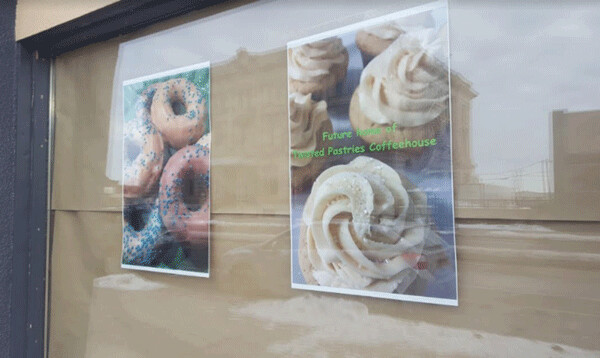 Future Home of Twisted Pastries Coffeehouse posters on their windows as renovations commence inside – Photo by Felicity Bosk 