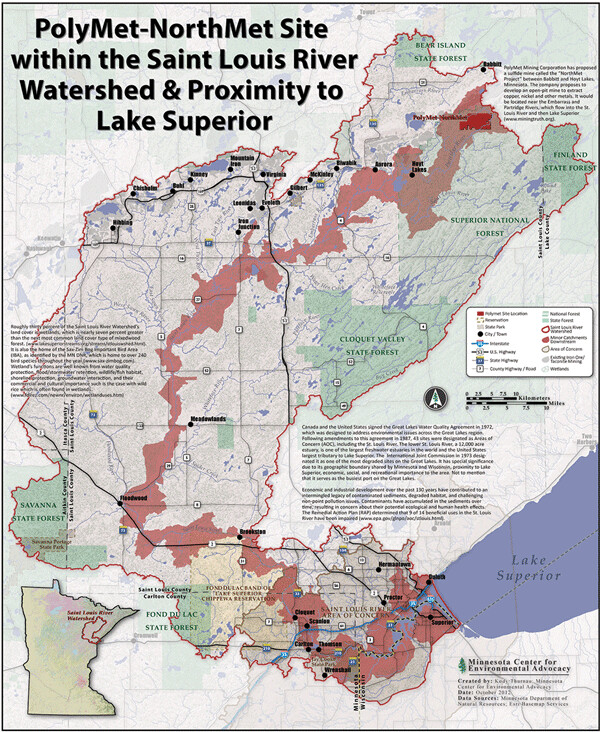 The proposed PolyMet copper-nickel  mine would be built near the headwaters of the St. Louis River, which travels 195 miles through forests and wetlands before emptying into Lake Superior..Notice the potential for water contamination. Courtesy of Minnesota Center for Environmental Advocacy