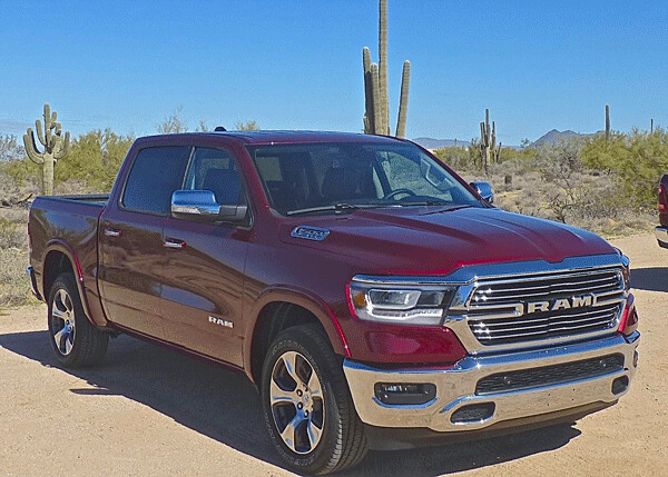 Stunning paint jobs cover the redesigned and less-imposing grille of the 2019 Ram 1500 pickup, loaded with technical features. Photo credit: John Gilbert