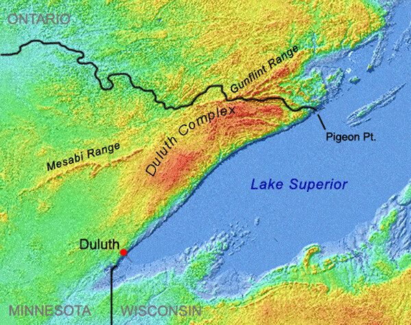 The map shows the location of the Duluth Complex of highly disseminated, low-grade mineralization.Duluth Complex image.  Source is NASA. commons.wikimedia.org/wiki/File:Duluthcomplexmap.png