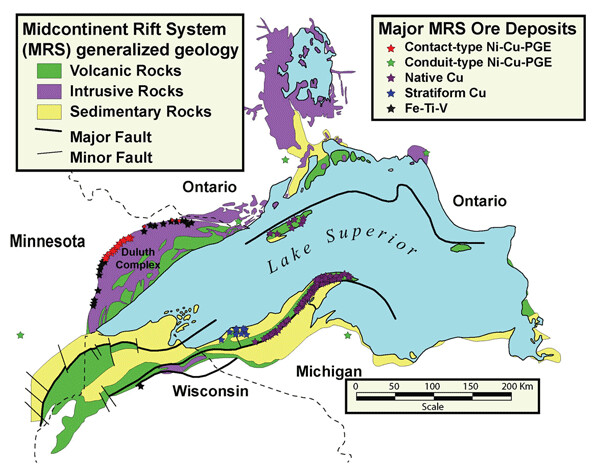 Much of the Great Lakes’ mineral wealth can be traced to the Mid-Continent Rift. Here is a generalized geologic map of the Midcontinent Rift System. Modified from Dean Peterson, Duluth Metals