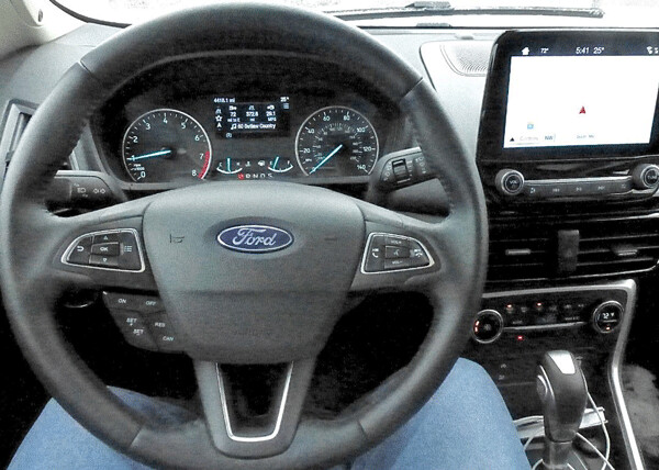 EcoSport dashboard is all efficiency, and 1.0-liter 3-cylinder turbo is quick and tops 30 mpg. Photo credit: John Gilbert