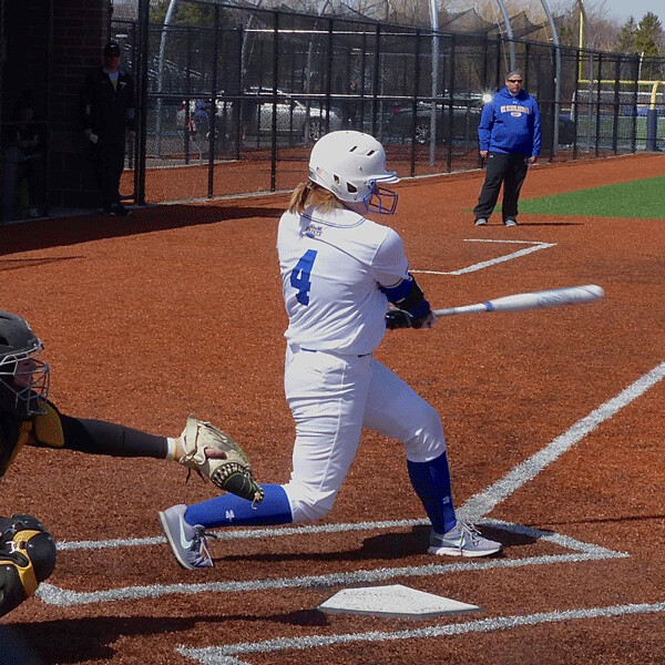 Wisconsin Siuperior had tied St. Scholastica 5-5, and Saints freshman Arianna Cremers went in to pinch-it - and socked a tie-breaking triple. Photo credit: John Gilbert