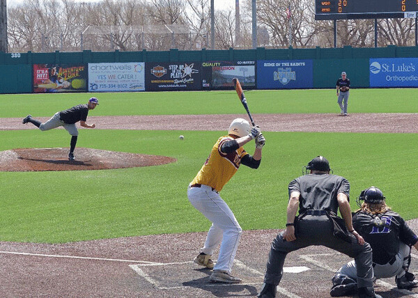 Winona’s Nicolas Herold pitched to UMD’s Alex Welder at Wade Stadium last Thursday. UMD lost both games of the doubleheader. Photo credit: John Gilbert