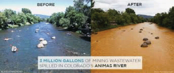 In 2015 the Gold King Mine tailings pond near Silverton, Colorado breached and spilled into the Animas River estuary. The area is now an EPA SuperFund site. 3 million gallons of orange wastewater breached an earthen dam and contaminated downstream water with mercury and arsenic. Mines in the area continue to drain thousands of gallons of heavy metal-contaminated water into the river every day.