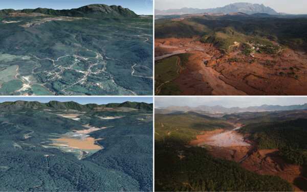 Above are before and after photos of the Samarco iron mine disaster in Brazil (November 5, 2015). The project was a joint venture by Vale, a Brazilian mining company and BHP-Billiton (an English-Australian company). The top two images (looking downstream from the tailings pond area) are before and after shots of the little town that was wiped off the map because it was situated downstream from the two tailings pond dams that dissolved in sequential fashion and discharged their toxic contents into the Rio Doce river estuary (ironically “doce” is the Portuguese word for “sweet”). The two lower images are the before and after photos of the tailings ponds and the massive erosion that killed many humans and animals and most of the fish in the river all the way down to the Atlantic Ocean, 300 miles below.