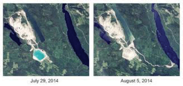 Before and after NASA satellite photos of Imperial Metals’ Mount Polley copper/gold sulfide mine disaster. Note the change in color of the three lakes in the photo, representing the toxic pollutants that had been stored in the tailings lagoon. Note the invisibility of Hazeltine Creek in the left photo and appreciate the fact that is is now visible from outer space. For a more thorough view of British Columbia’s worst environmental disaster, google “Images of the Mount Polley mine disaster”.