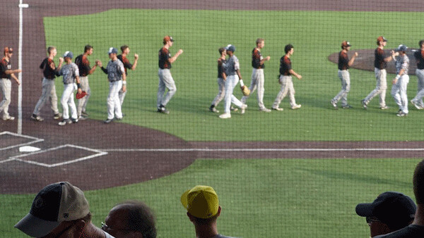 After Duluth's 6-2 victory over the Eau Claire Express in Sunday's home finale, the teams went through a handshake line at Wade Stadium. Photo credit: John Gilbert