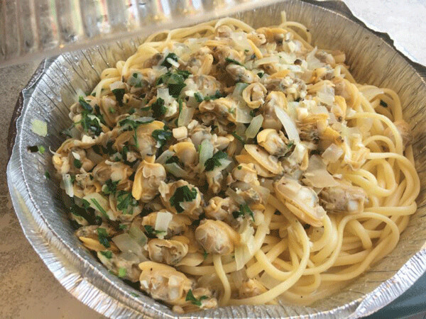 Photo by Ari LeVaux. Pictured: white clam linguine (cream-free) take-out from Mona Lisa Italian Foods, San Diego CA