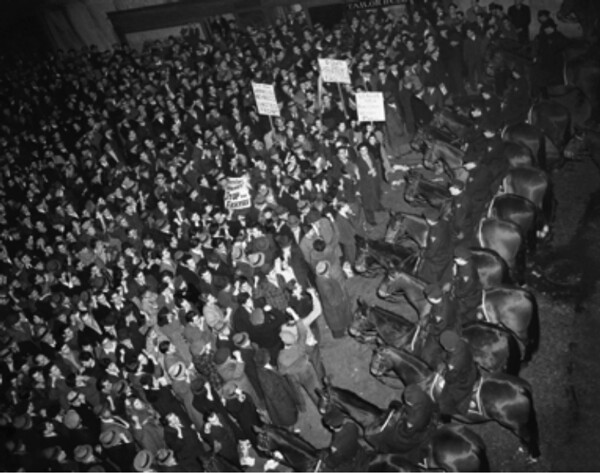 Part of the approximately 100,000 anti-fascist protestors that were outside the Madison Square rally in 1939. Besides the mostly white New Yorkers in the massive crowd, many were non-whites, latinos, blacks, Irish Republicans, Italian anti-fascists, American WWI veterans, Jews, labor unionists , etc that wanted to express their disgust at European fascism. (Photo from: https://www.politico.com/magazine/story/2017/08/23/nazi-german-american-bund-rally-madison-square-garden-215522)  Some American fascist rallies featured George Washington’s image