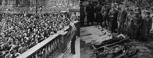 1) Dr Joseph Goebbels at a campaign rally (date unknown) – 2) The bodies of Goebbels, his wife Magda and his five daughters, surrounded by the Russian soldiers who discovered the poisoned/murdered bodies of the children and the burned bodies of Magda and Goebbels, both suicide victims (April 30, 1945)