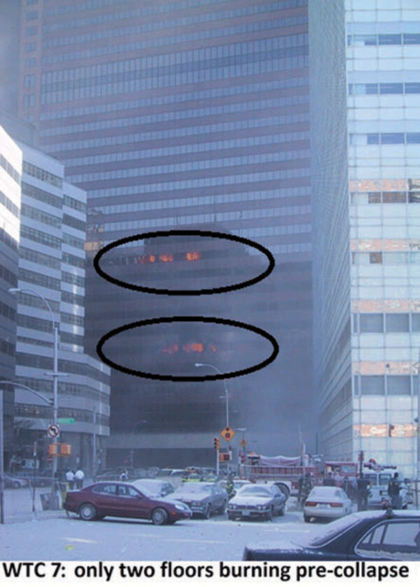 Figure 5: Image Showing Two Burning Floors in WTC7 (Note: not the shorter reflected building)