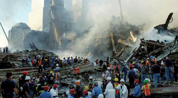Ground zero, emergency workers after WTC buildings collapsed.