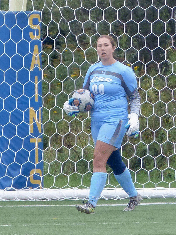 St. Scholastica women’s goalkeeper Roni Rudolph, a junior from Duluth East, recorded a 5-0 shutout over UWS. Photo credit: John Gilb