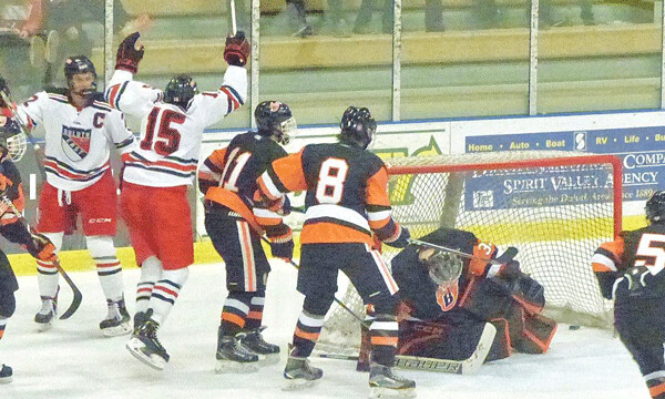Ricky Lyle scored his first of two goals to gain a 3-3 tie for East in the first period against White Bear Lake at Essentia Heritage Center. Photo credit: John Gilbert