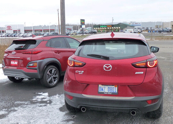 Compact for agility and fuel economy, the Kona, left, and Mazda CX-3 are all enough yet  big enough. Photo credit: John Gilbert