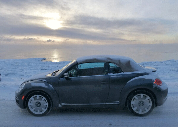 Beetle’s iconic silhouette works with Cabrio and Lake Superior sunrise at  20 below. Photo credit: John Gilbert