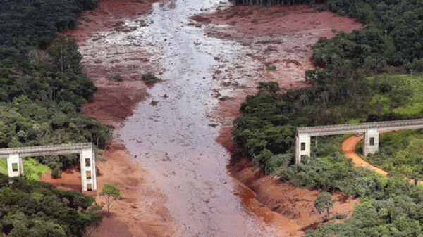 An aerial view shows a destroyed bridge after a dam collapsed in Brumadinho, Brazil