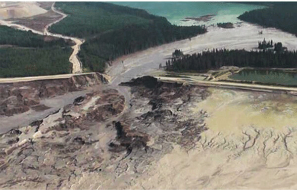 Aerial view of the 100 foot-tall earthen dam-wall of the Mount Polley gold and copper mine tailings lagoon after it dissolved in 2014 and spewed highly toxic sludge into Lake Quesnel, a world-famous salmon and trout fishery. The narrow, tree-lined Hazeltine Creek that emptied into the lake was 6 feet wide at its widest prior to the catastrophe (which was the worst environmental disaster in the history of British Columbia) Thousands of downstream trees were up-rooted and wound up in the lake, which empties into the Fraser River and ultimately into the Pacific Ocean. PolyMet’s tailings dam is projected to reach 250 feet in height.