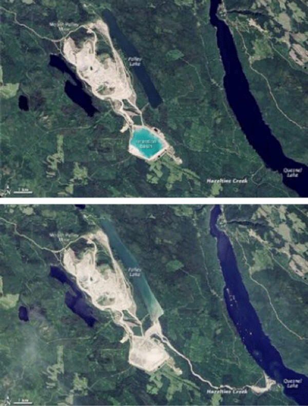 Before and after satellite photos of the Mount Polley copper mine area 2014. Note that in the lower photo the tailings lagoon is empty, the 6 foot wide Hazeltine Creek is visible from space, the freshly-poisoned Polley Lake is no longer dark blue and there is floating debris in Quesnel Lake that is visible from space!