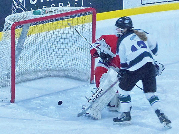 Dehli Heikes scored on a short-handed breakaway for a 2-0 lead against Moose Lake-Willow River goaltender Jo Wekseth, who made 57 saves in the 5-0 quarterfinal. Photo credit: John Gilbert