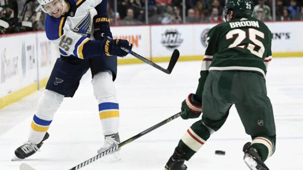 STL Blues defenseman Colton Parayko  shoots on goal in a 4-0 win over the Wild