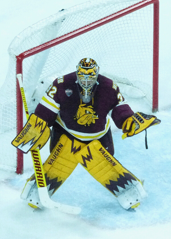 Junior goaltender Hunter Shepard, the MVP of the NCHC Frozen Faceoff by beating St. Cloud State in double overtime one week earlier, once again was the dominant force as UMD beat Bowling Green and Quinnipiac in two tense NCAA regional victories at Allentown, Pa. to advance to the Frozen Four next week. Photo credit: John Gilbert