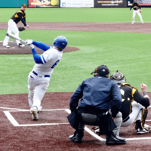  St. Scholastica’s Brad Fossum went 3-for-3 in the 4-2 second game of Tuesday’s  doubleheader sweep against UWS. Photo credit: John Gilbert