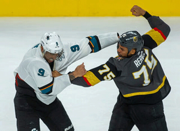 Ryan Reaves of the VGK and Evander  Kane of the Sharks in a G3 dustup...