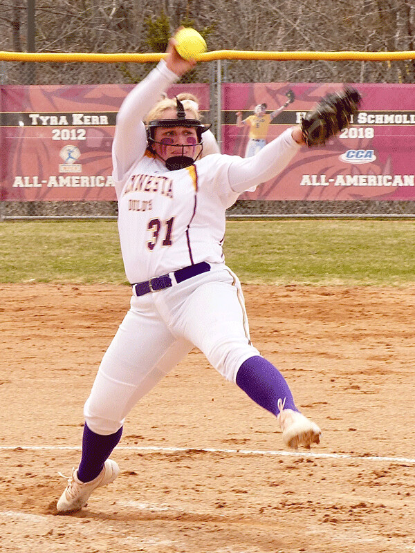 Freshman Sam Pederson, who pitched North Branch into the state tournament a year ago, is now half of UMD's pitching tandem with Breanna Swint. Photo credit: John Gilbert