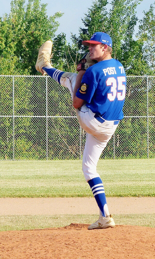 West Duluth Cubs pitcher Nate Johnson, Denfeld’s ace, held Lakeview to only one run in five  innings with his unique, high-kicking windup in a 10-5 victory, tuning up for this weekend’s  American Legion tournament. Photo credit: John Gilbert