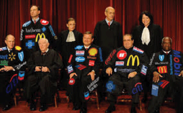 The 5-4 Court that granted personhood to corporations in the 2010 Citizens United vs FEC decision. Image supplied by Gary Kohls