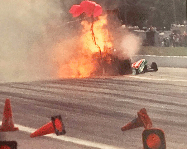 The late Gary Ormsby survived a fiery crash when his Top Fuel dragster's engine blew just off the starting line at Brainerd Internatinal Raceway in the late 1980s.
