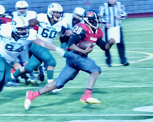 Duluth East's Derek Daniels, who ran 80 yards with the opening kickoff for one TD, dashed 65 yards for another against Proctor at Ordean. Photo credit: John Gilbert