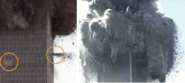 (Left) Note the circled “squibs” from pre-planted explosives in one of the Twin Towers - photographed during the first couple of seconds of the “collapse”. The entire tower then dissolved mostly into dust and a portion of it fell into its own footprint in 12 seconds.  (Right) A fraction of a second prior to the left photo show a cloud of pulverized concrete and 30 foot long sections of solid steel columns and beams that are being propelled upward and horizontally by pre-planted explosives and incendiary charges in an atypical controlled demolition.