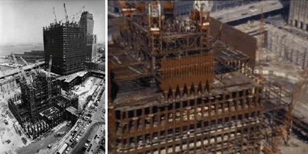 Two views of the construction site of the World Trade Center’s Twin Towers, Note the rusting solid steel columns that were designed to be impenetrable by soft, malleable, aluminum airplanes - even as large as Boeing 707s. Especially note the 47 massive, non-flammable, core columns which were 4 inches thick at their bases and were designed to NEVER fall down – with only one exception: by controlled demolitions using powerful incendiaries and powerful explosive devices that would be detonated in a precise, coordinated pattern that is operated by high-tech computer control. 