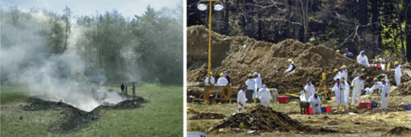 Two views of the scene at Shanksville where Flught 93 was said to have crashed, showing no plane  parts, no luggage, no bodies and no rescue attempts being made.