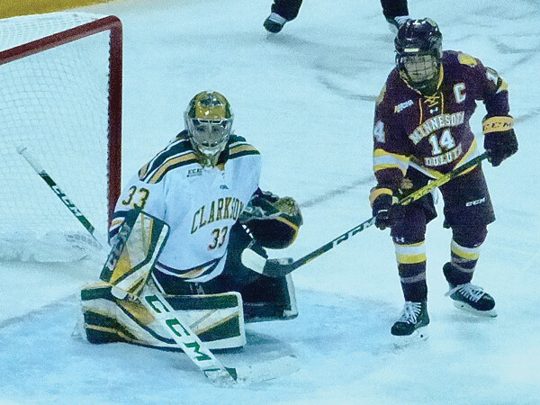 UMD's Sydney Brodt found herself unusually wide open in front of the Clarkson goal just before she scored to complete Saturday's 2-0 victory. Photo credit: John Gilbert