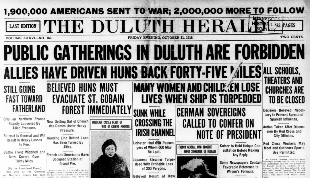 The front page of the Oct. 10, 1918, Duluth Herald treats the arrival of the flu as big as World War I.