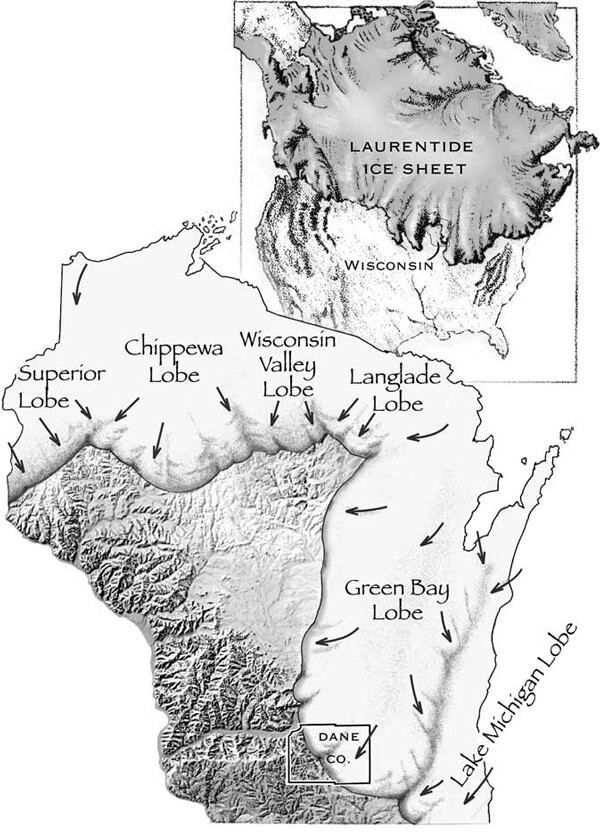 This map from The Wisconsin Geological and Natural History Survey shows the extent of Wisconsin’s last glacier. Find out more, and watch an animation of glacial advances, on their website at https://wgnhs.wisc.edu/wisconsin-geology/ice-age/. 