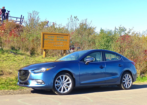 The 2017 Mazda is not remarkably different on the outside, but it looked good on Duluth’s Hawk Ridge where it  proved a quick, responsive compact. Photo credit: John Gilbert