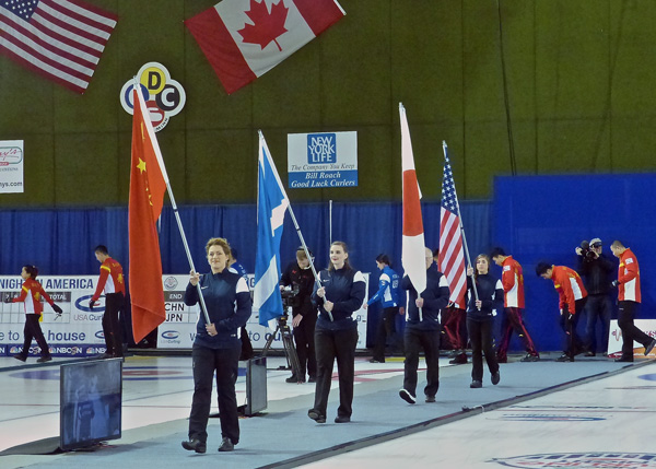 Flag ceremony preceded the final day of Curling Night in America at the Duluth Curling Club. Photo credit: John Gilbert