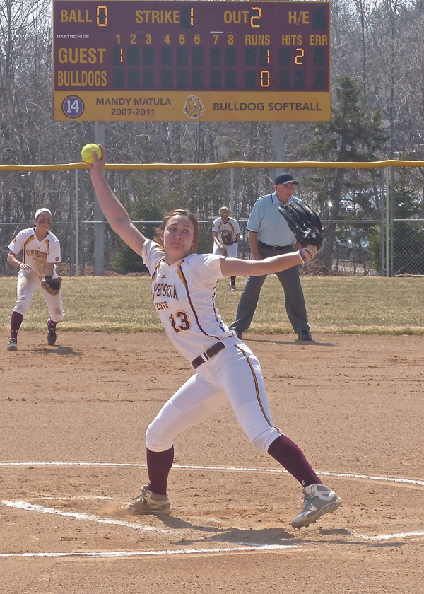 Cayli Sadler pitched in UMD’s first game at Junction Avenue Field since 2011. The Bulldogs split a doubleheader with Wayne State Saturday. Photo credit: John Gilbert